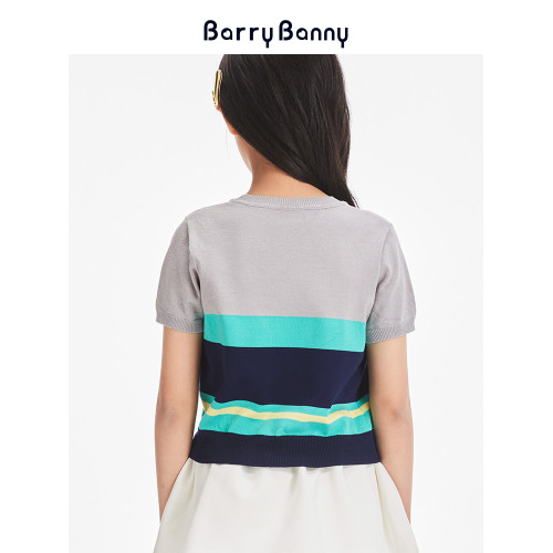 BarryBanny女童冰絲條紋撞色短袖T恤夏季新款中大童抗皺透氣上衣