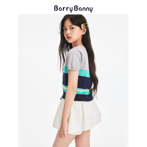 BarryBanny女童冰絲條紋撞色短袖T恤夏季新款中大童抗皺透氣上衣
