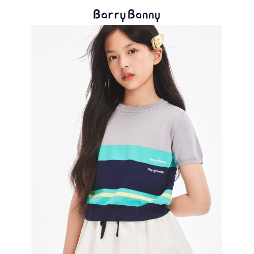 BarryBanny女童冰絲條紋撞色短袖T恤夏季新款中大童抗皺透氣上衣