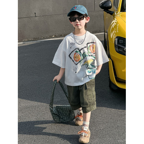 男童夏季短袖套裝兒童夏款韓版2025新款中小童卡通工裝五分褲童裝
