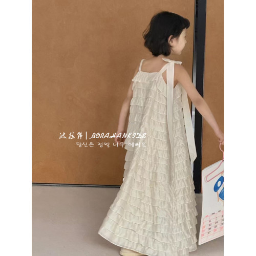 波拉韓女童蛋糕裙春夏新款2025小女孩吊帶連衣裙兒童公主裙長裙子