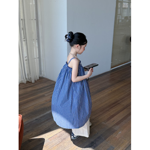 童裙2025夏款女童韓版小格子吊帶裙兒童休閒寬松度假無袖連衣裙