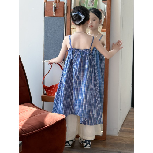 童裙2025夏款女童韓版小格子吊帶裙兒童休閒寬松度假無袖連衣裙