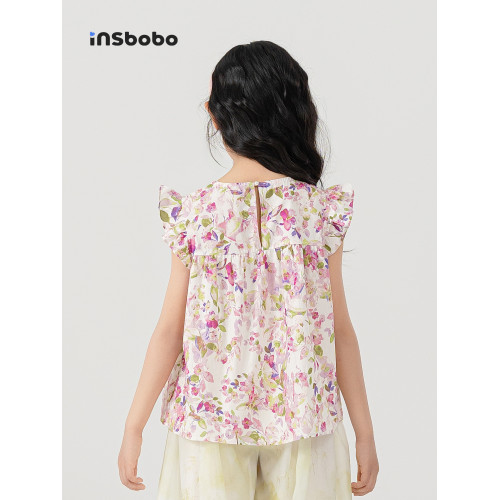INSbobo童裝女童短袖t恤2025新款兒童上衣洋氣女孩夏裝碎花衣服薄