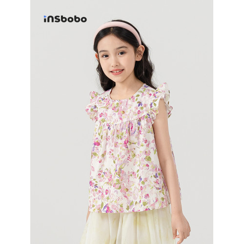 INSbobo童裝女童短袖t恤2025新款兒童上衣洋氣女孩夏裝碎花衣服薄