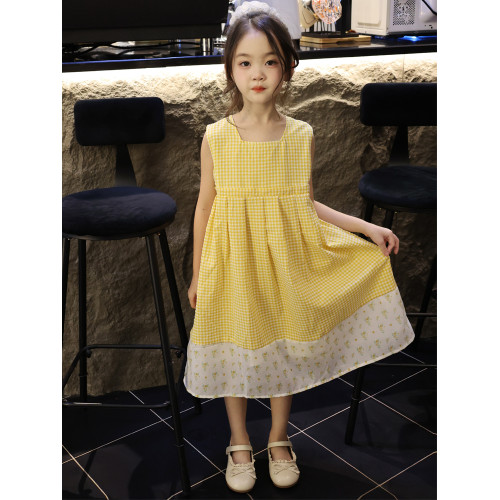 女童森系連衣裙2025春夏新款小女孩甜美黃白格子拼接碎花背心裙子