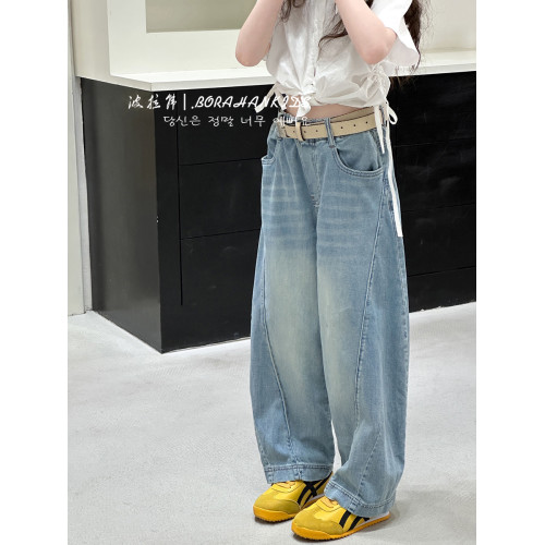 波拉韓童裝秋裝女童褲子2025新款兒童休閒直筒牛仔褲中大童香蕉褲