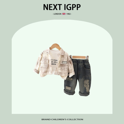 英國NEXT IGPP男童牛仔夾克開衫套裝春秋新款韓版暈染外套三件套