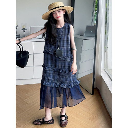 女童夏季新款女大童韓版時尚洋氣格子連衣裙女孩設計感網紗拼接裙