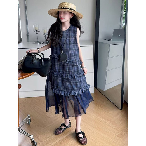 女童夏季新款女大童韓版時尚洋氣格子連衣裙女孩設計感網紗拼接裙