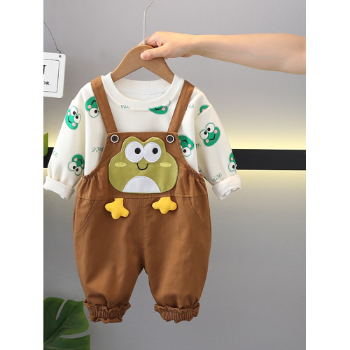 男童春裝套裝2025新款兒童洋氣時髦衣服男孩衛衣背帶褲卡通兩件套