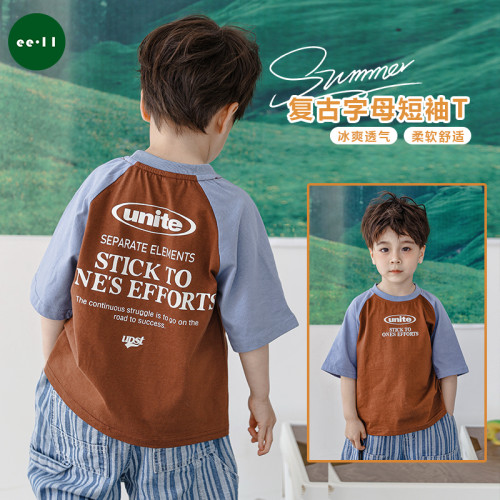 ee·11潮牌兒童t恤2025夏季新款男童字母短袖復古插肩袖短袖上衣