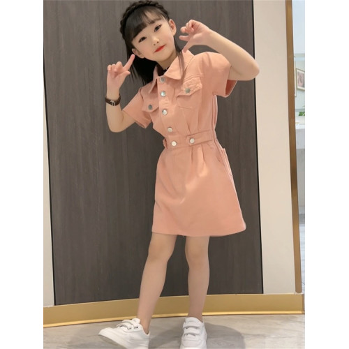 女童工裝學院風薄款連衣裙小女孩洋氣短袖水洗棉布韓版裙子兒童裝