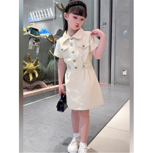女童工裝學院風薄款連衣裙小女孩洋氣短袖水洗棉布韓版裙子兒童裝
