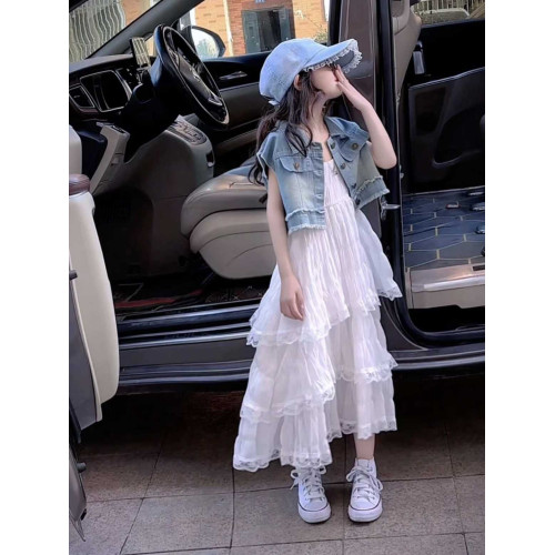 女童連衣裙夏季套裝兒童夏裝牛仔馬甲中大童吊帶蛋糕長款沙灘裙子