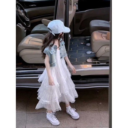 女童連衣裙夏季套裝兒童夏裝牛仔馬甲中大童吊帶蛋糕長款沙灘裙子