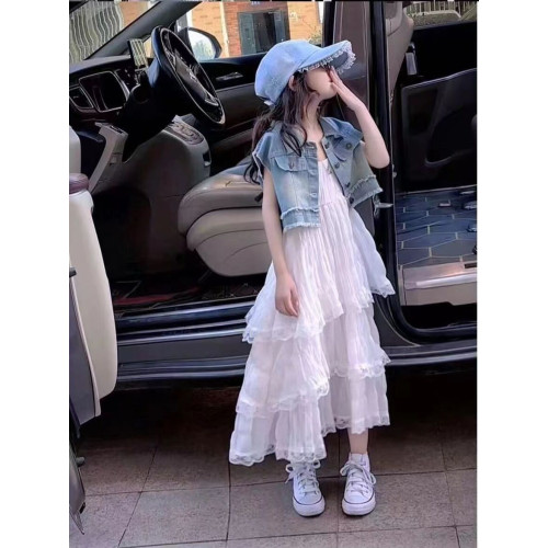 女童連衣裙夏季套裝兒童夏裝牛仔馬甲中大童吊帶蛋糕長款沙灘裙子