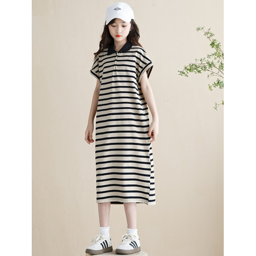女童連衣裙夏季2025新款韓版女孩條紋裙子長款大童兒童POLO裙好看