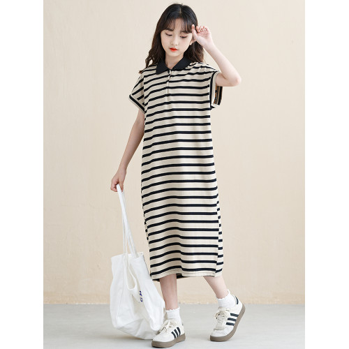 女童連衣裙夏季2025新款韓版女孩條紋裙子長款大童兒童POLO裙好看