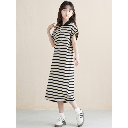 女童連衣裙夏季2025新款韓版女孩條紋裙子長款大童兒童POLO裙好看