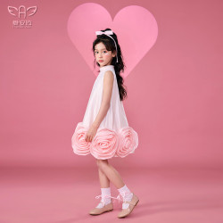 愛安玖粉色玫瑰花兒童連衣裙2025新款高領無袖女童小女孩生日派對
