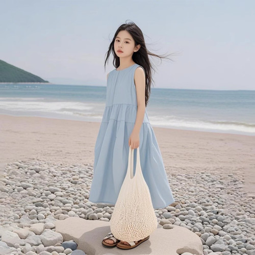 女童連衣裙夏裝2025新款女中大童寬松休閒無袖背心裙兒童海灘裙子