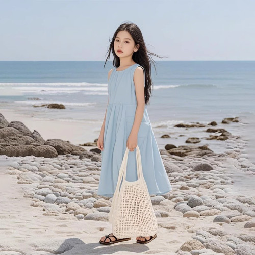 女童連衣裙夏裝2025新款女中大童寬松休閒無袖背心裙兒童海灘裙子