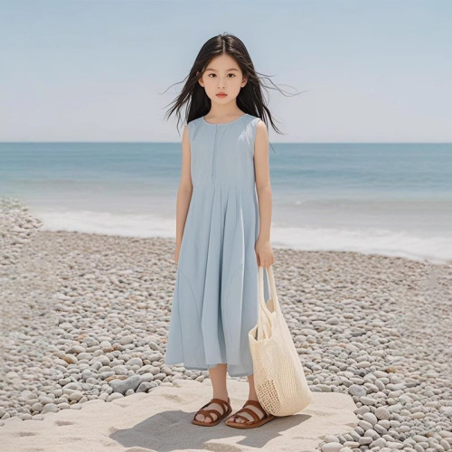 女童連衣裙夏裝2025新款女中大童寬松休閒無袖背心裙兒童海灘裙子