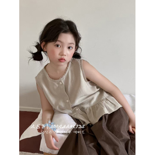 波拉韓女童無袖襯衫夏季外穿背心2025新款小衫兒童法式娃娃衫上衣