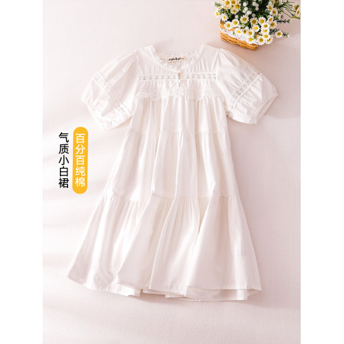 蔚未來女童連衣裙夏季2025新款兒童純棉公主裙女大童洋氣白色裙子