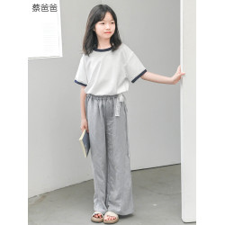 蔡爸爸原創童裝灰色濶口褲女童大學生蕾絲腰帶長褲夏072+070+982