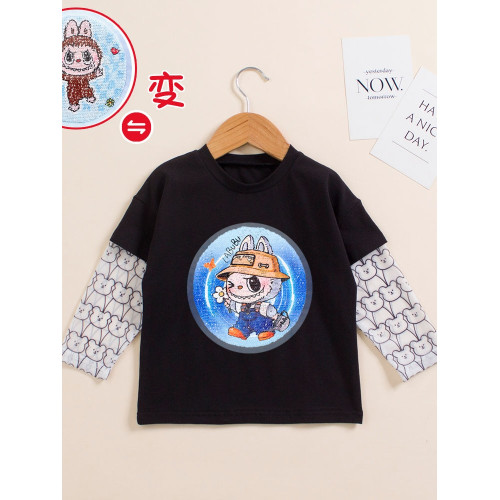 男童拉布布衣服兒童亮片變圖長袖t恤夏天假兩件韓版男孩帥氣上衣