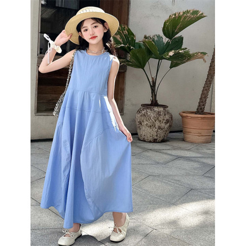 女童夏季藍色無袖連衣裙2025新款洋氣大童韓系背心裙女孩休閒裙子
