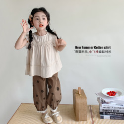 2025新款女童夏裝襯衫兒童小飛袖上衣娃娃衫夏季洋氣女孩無袖童裝