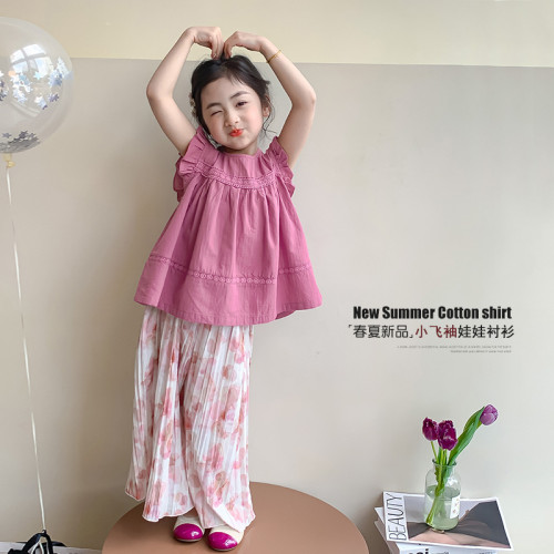2025新款女童夏裝襯衫兒童小飛袖上衣娃娃衫夏季洋氣女孩無袖童裝
