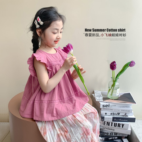 2025新款女童夏裝襯衫兒童小飛袖上衣娃娃衫夏季洋氣女孩無袖童裝