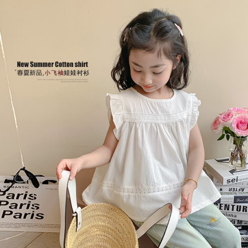 2025新款女童夏裝襯衫兒童小飛袖上衣娃娃衫夏季洋氣女孩無袖童裝