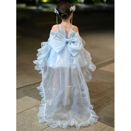 女童冰雪奇緣艾莎公主裙閃亮雪花蓬蓬吊帶裙兒童夏季新款演出禮服