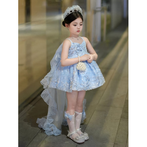 女童冰雪奇緣艾莎公主裙閃亮雪花蓬蓬吊帶裙兒童夏季新款演出禮服