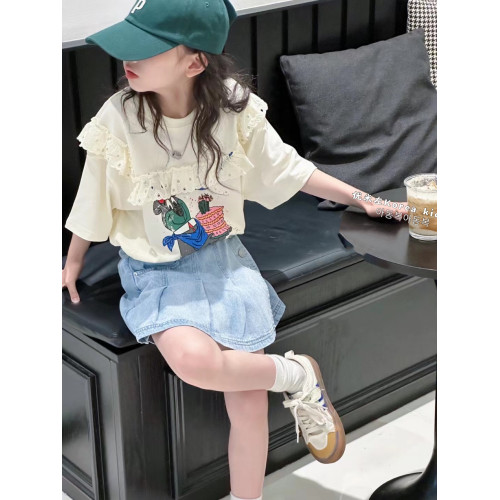 波拉bora韓國童裝甜美女孩蕾絲上衣2025夏季新款女童短袖T恤洋氣