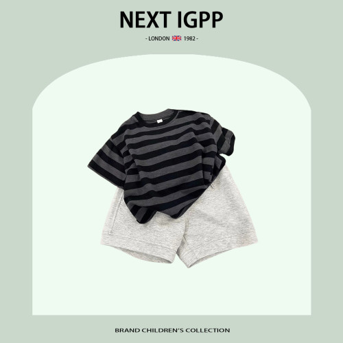 英國NEXT IGPP 男童夏季套裝夏裝T-恤短褲兩件套韓版條紋休閒上衣