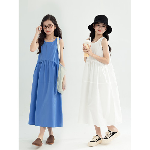 韓版女童連衣裙2025新款夏裝白色全棉背心裙中大童純色寬松長裙