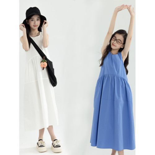 韓版女童連衣裙2025新款夏裝白色全棉背心裙中大童純色寬松長裙