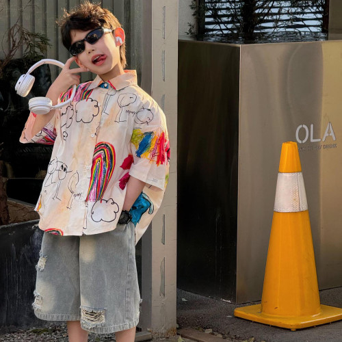 夏季新款韓版男童百搭洋氣時尚透氣花襯衫兒童短袖時髦涼爽上衣