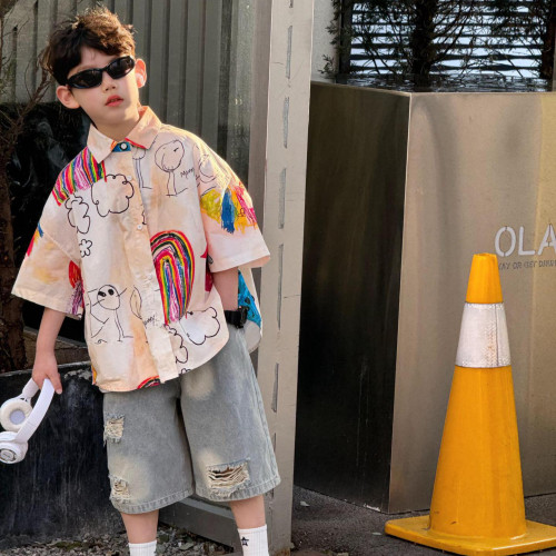 夏季新款韓版男童百搭洋氣時尚透氣花襯衫兒童短袖時髦涼爽上衣