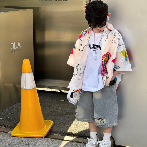 夏季新款韓版男童百搭洋氣時尚透氣花襯衫兒童短袖時髦涼爽上衣