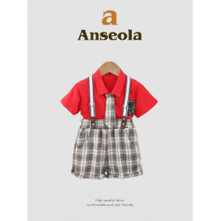 法國anseola夏季男童新款翻領短袖背帶褲兒童婚禮演出周嵗禮服