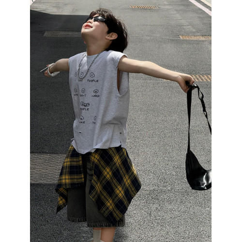 2025夏季新款韓版男童時尚破洞卡通透氣坎肩兒童上衣T恤