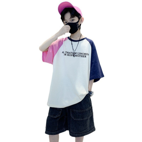 男童撞色韓版帥氣t恤短袖夏季2025新款大童卡通衣服時髦休閒上衣