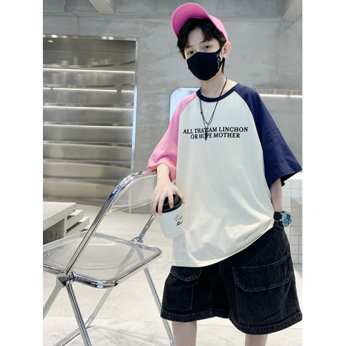 男童撞色韓版帥氣t恤短袖夏季2025新款大童卡通衣服時髦休閒上衣
